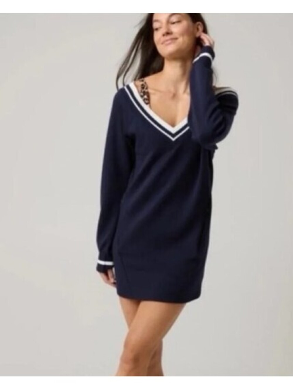 aerie Navy Blue V‑Neck Mini Dress with White Trim